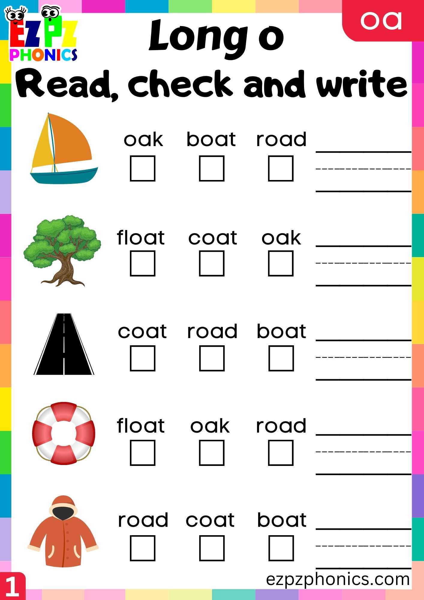 Group1 OA Words Read, Check And Write Long O Phonics Worksheet